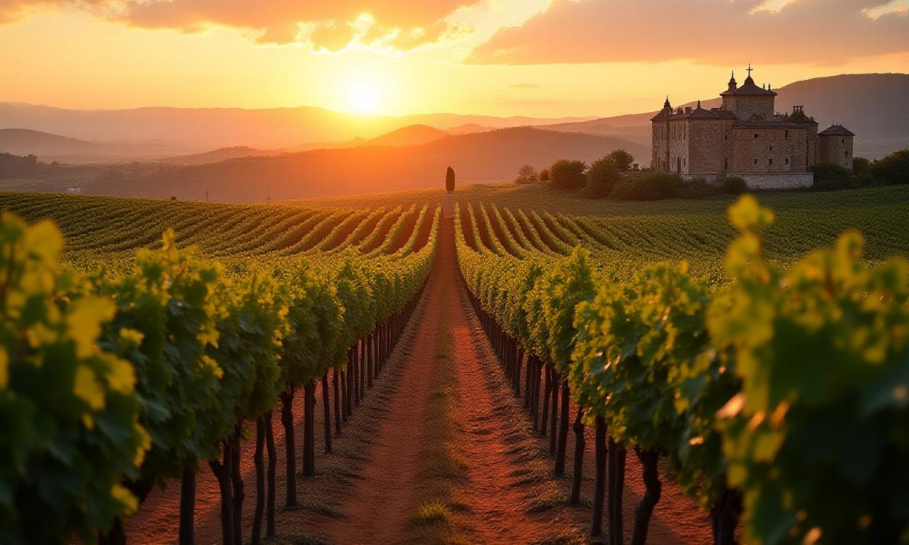Vista serena dei vigneti italiani al tramonto